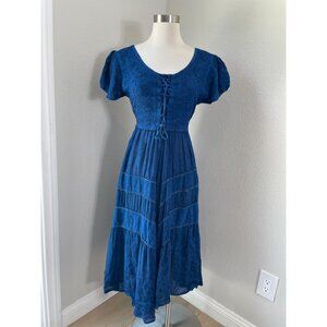 Just Cruising Womens Free Size Embroidered Lace Up Midi Dress Short Sleeve